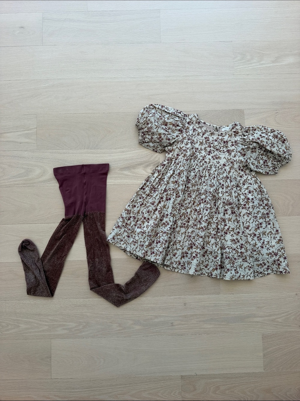 Noralee Floral Puff-Sleeve Girls Dress with Burgundy Tights Size 4T